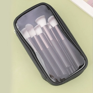 8-piece professional makeup brush set with purple metal handles and transparent PVC bag