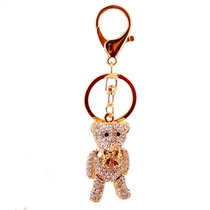 Sparkling gold-tone teddy bear keychain with crystal rhinestones and lobster clasp