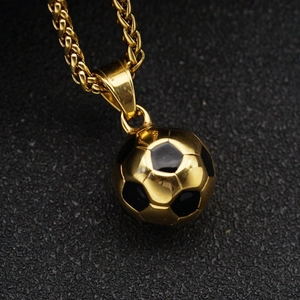 3D soccer ball pendant necklace in gold and black stainless steel for streetwear