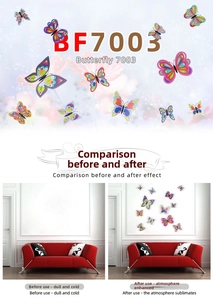 Detail view of BF7003 butterfly wall stickers showing before and after home decor effect