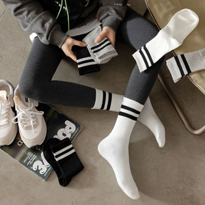 Ribbed Crew Socks With Double Bar Stripes Athletic Leisure Combed Cotton Blend Breathable Sweat Absorbent Soft For Women