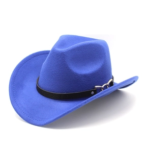 Detail of royal blue felt cowboy hat with snakeskin band and silver metal buckle