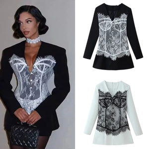 Robe Blazer À Manches Longues Pour Femmes Patchwork Dentelle Col En V Coupe Ajustée Style Corset Mini Robe Élégante