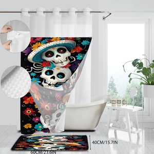 Wasserdichter Halloween Duschvorhang Set mit Zuckerschädel Muster und Badematte