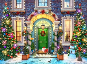 Macro detail of Christmas puzzle depicting a snowy house scene with a festive snowman and tree