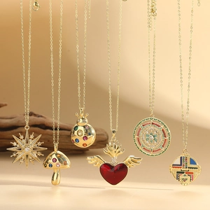Vintage Copper Pendant Necklace With Colorful Zircon Enamel Heart Mushroom Star Pattern For Women Bohemian Style