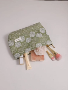 Floral embroidered grass green cotton linen cosmetic bag with metal zipper and large capacity