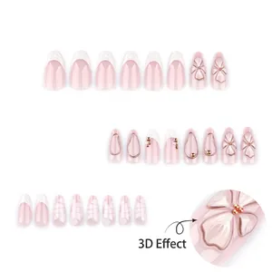 Short almond press-on nails with 3D embossed flowers and pearls in pink and white