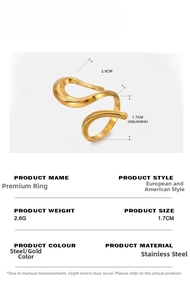 Detail showing the 1.7cm adjustable wavy spiral structure of the gold stainless steel ring