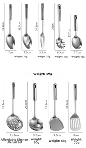 Detailed size chart for stainless steel kitchen utensils showing dimensions and weight
