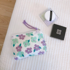 Floral cotton mini pouch with purple tassel zipper for coins and lipsticks