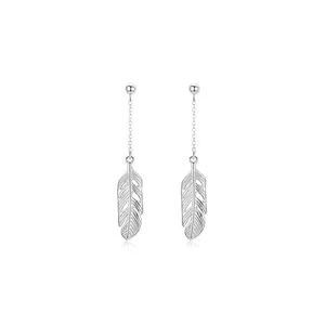 Elegant S925 sterling silver long leaf tassel earrings with delicate hollow feather design