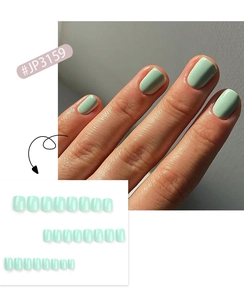 Short square mint green press-on nails set showing various sizes and application look