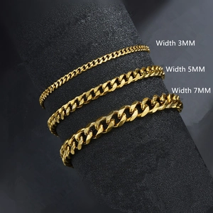 Detailed comparison of gold Cuban chain bracelets in 3mm, 5mm, and 7mm widths