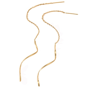 Elegant gold-plated stainless steel wave tassel drop earrings with long chain link