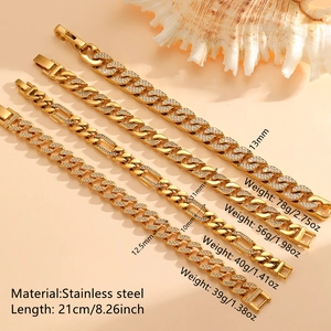 Gold-plated iced-out Cuban and Figaro chains in various widths from 10mm to 13mm