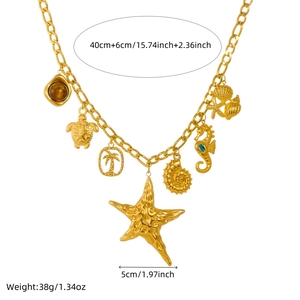 Gold stainless steel starfish and sea creature pendant necklace with 40+6cm chain length