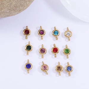Set of 12 colorful birthstone charms with gold stainless steel bezels and double loops