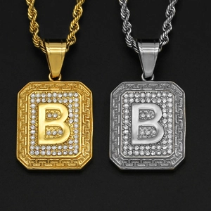 Hip hop square pendants with iced out letter B in gold and silver on twisted rope chains