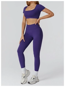 Macro detail of high-elastic seamless deep purple yoga set with ruched butt lift design