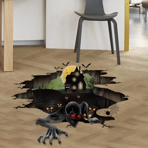 3D Halloween floor sticker featuring a spooky skeleton emerging from a broken floor hole