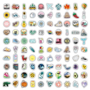 Grid layout showing 100 colorful waterproof PVC VSCO stickers with various cute cartoon patterns