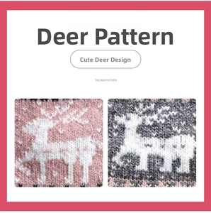Detail of knitted winter gloves showing white Christmas deer pattern on pink and grey fabric