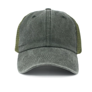Classic washed trucker hat with dark grey front and olive green breathable mesh netting