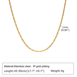 Detail showing 1mm IP gold plated stainless steel chain with length specifications