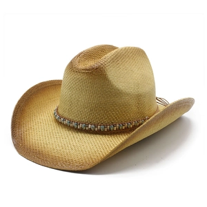 Western Cowboy Hat Paper Straw Wide Brim Sun Protection Beaded Band Bohemian Beach Vacation Retro Style Men Women