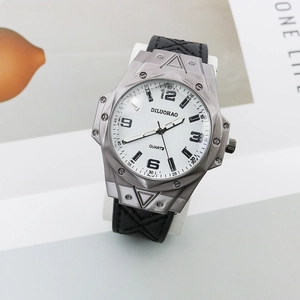 Men's large dial quartz watch with silver octagonal bezel and black leather strap