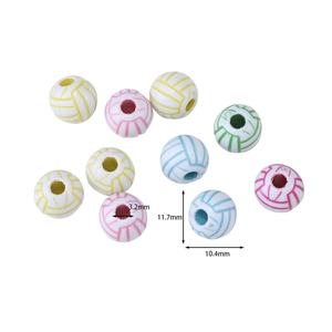 Detail view of volleyball acrylic beads with 11.7x10.4mm dimensions and 3.2mm hole size