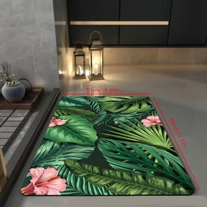 Absorbent tropical leaf bath mat with green palms and pink hibiscus flowers for bathroom