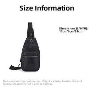 Detailed view of black leather chest bag dimensions measuring 17cm by 6cm by 33cm