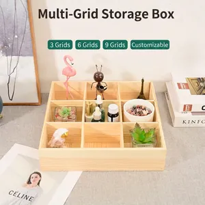 Wooden Multi Compartment Storage Box Pine Desktop Organizer Tray Grid Divider For Jewelry Stationery Cosmetics Office
