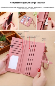 Struttura interna del portafoglio lungo rosa con 11 scomparti per carte e multifunzione