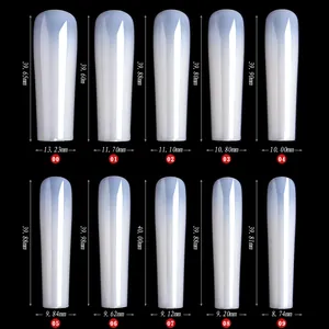 Tabella taglie con 10 specifiche per unghie finte lunghe a ballerina XXL in millimetri