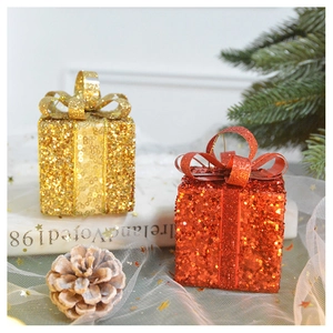 Sparkling red and gold sequined gift box ornaments with bows for Christmas tree decoration
