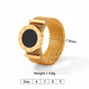 Gold Roman numeral mesh ring for women with black centerpiece in stainless steel