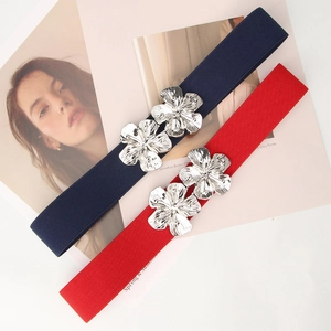 Women Elastic Corset Waist Belt Silver Metal Double Flower Buckle Decorative Stretchy Cinch For Dresses