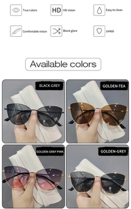 Detail of UV400 metal cat eye sunglasses available in four stylish frame colors