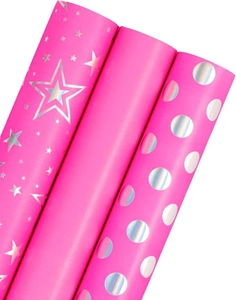 Detail of rose pink gift wrap with laser silver holographic star and dot patterns