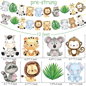 Jungle safari animal party banner featuring cartoon lions and zebras on a 12ft string