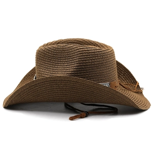 Detailed weave pattern of dark brown straw cowboy hat with ethnic style ribbon and adjustable cord