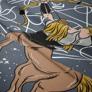 Detailed close-up of Sagittarius centaur printed on high-quality tapestry fabric with gold bow