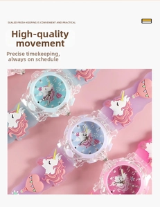 Detail of creative 3D cartoon unicorn watch with embossed silicone strap and quartz dial