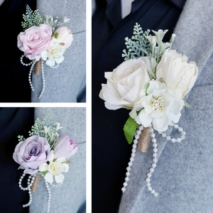 Artificial Rose Boutonniere With Satin Flowers Faux Artificial Pearl And Jute Rope For Wedding Party Groomsmen Men Women Rustic Style