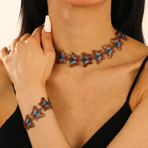 Retro butterfly necklace and bracelet set in antique bronze with colorful enamel details