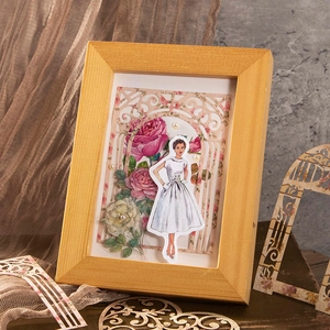 Vintage 3D shadow box frame featuring a lace paper cut woman with pearls and pink roses
