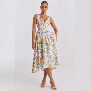 Elegant floral V-neck sleeveless midi dress with a cinched waist for summer wear